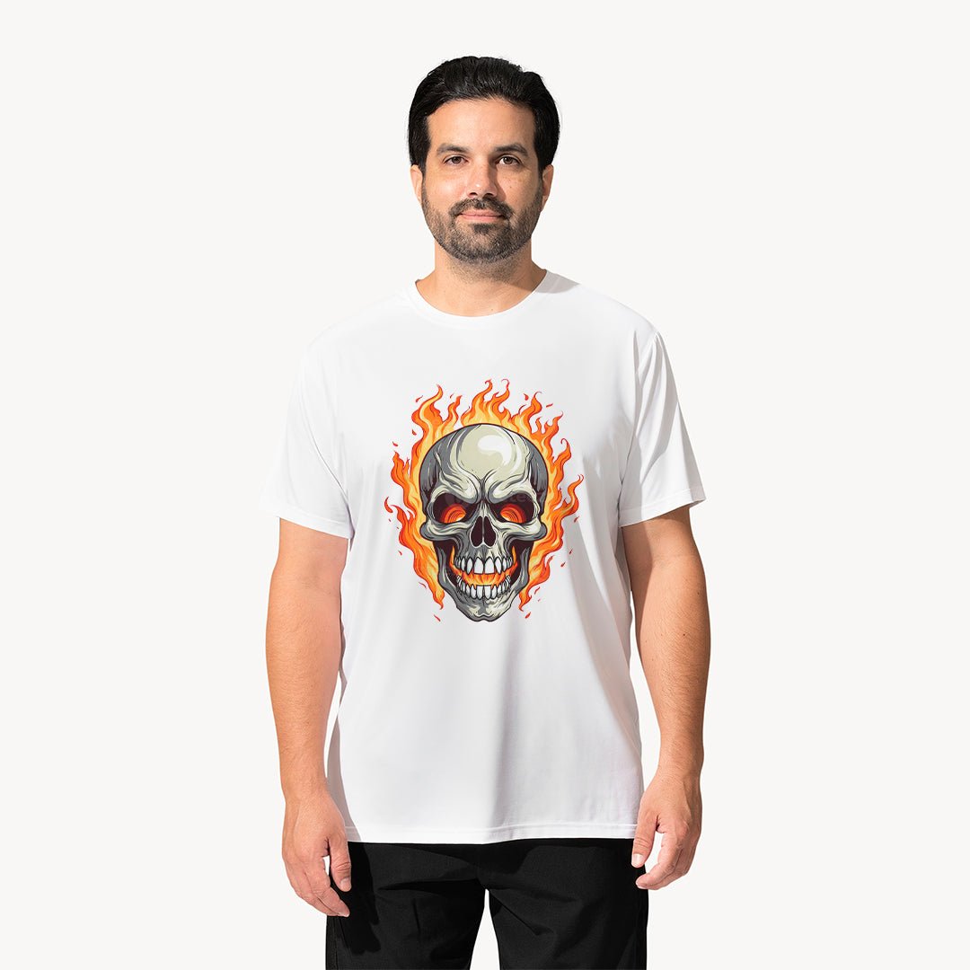 Flaming Skull T-Shirt for Men | Fire Skull Graphic Printed Tee | Biker Streetwear T-Shirt India | Cotton Polyester A4 Print | Rentalkart - RENTALKART ADTECH PRIVATE LIMITED