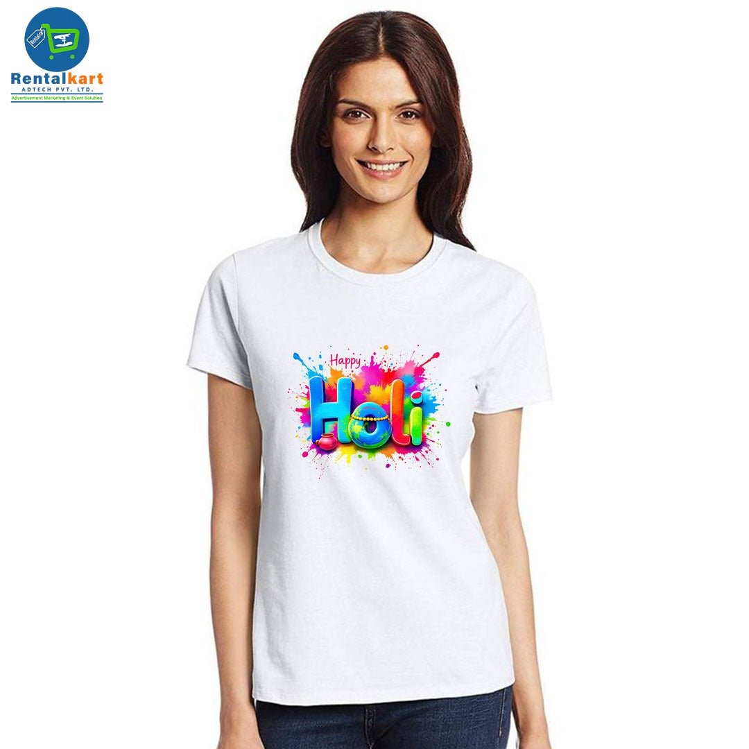 Happy Holi Color Splash Printed White T-Shirt for Women | Holi Special Cotton + Polyester | White T-Shirt - RENTALKART ADTECH PRIVATE LIMITED