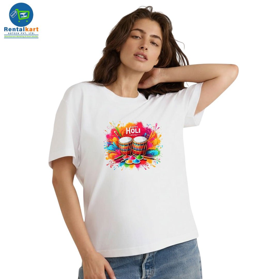 Happy Holi Dhol Printed White T-Shirt for Women | Holi Special Cotton + Polyester | White T-Shirt - RENTALKART ADTECH PRIVATE LIMITED