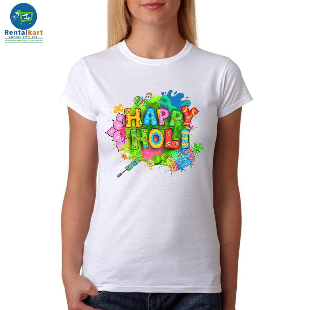Happy Holi Printed White T-Shirt for Women | Holi Special Cotton + Polyester | White T-Shirt - RENTALKART ADTECH PRIVATE LIMITED