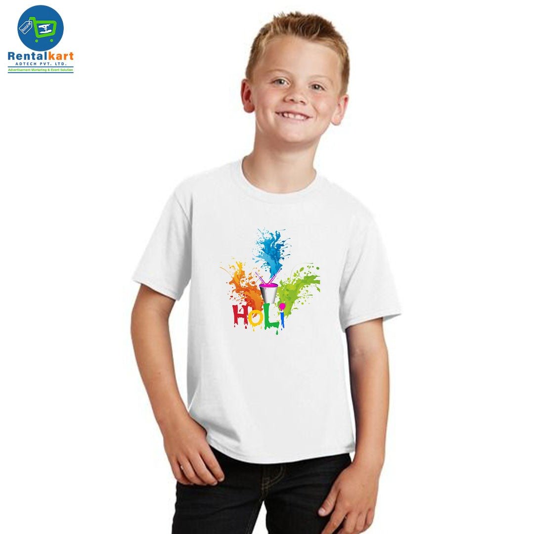 Holi Splash Printed White T-Shirt for Kids | Holi Special Cotton + Polyester | White T-Shirt - RENTALKART ADTECH PRIVATE LIMITED