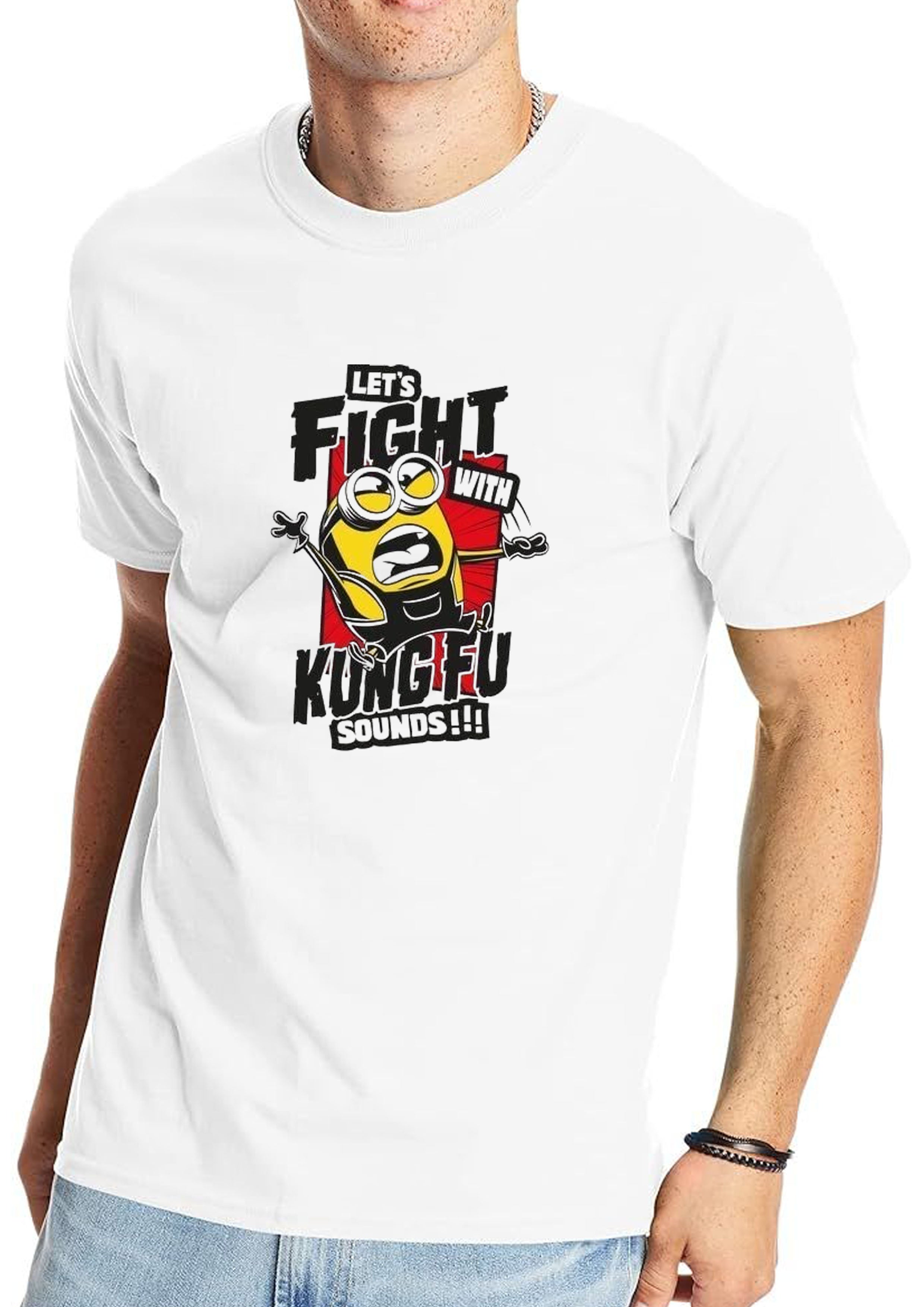 Funny Kung Fu Cartoon T-Shirt for Men | Let’s Fight With Kung Fu Sounds Graphic Tee | Cool Anime Style Printed T-Shirt | Cotton Polyester A4 Print | Rentalkart