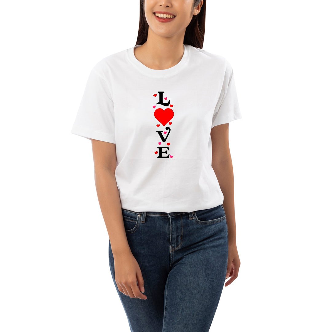 LOVE Heart Typography Graphic Printed T-Shirt for Women | Premium Cotton + Polyester | White - RENTALKART ADTECH PRIVATE LIMITED