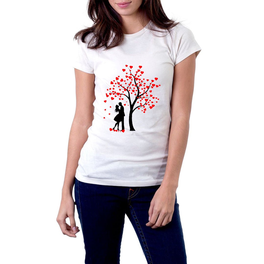 Love Tree Couple Graphic Printed T-Shirt for Women | Premium Cotton + Polyester | White - RENTALKART ADTECH PRIVATE LIMITED