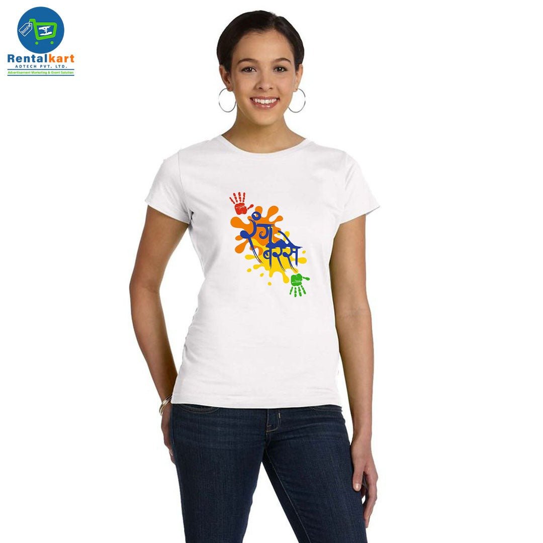 Rang Barse Hindi Printed White T-Shirt for Women | Holi Special Cotton + Polyester | Festive Wear - RENTALKART ADTECH PRIVATE LIMITED