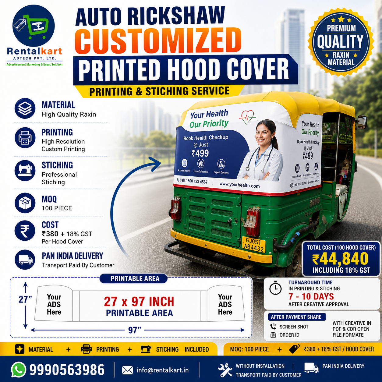 Auto Rickshaw Hood Cover Printing & Stitching Service (27×97 Inch) | Raxin 50–60 GSM | MOQ 100 Pcs | PAN India