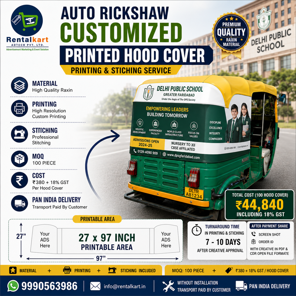 Auto Rickshaw Hood Cover Printing & Stitching Service (27×97 Inch) | Raxin 50–60 GSM | MOQ 100 Pcs | PAN India