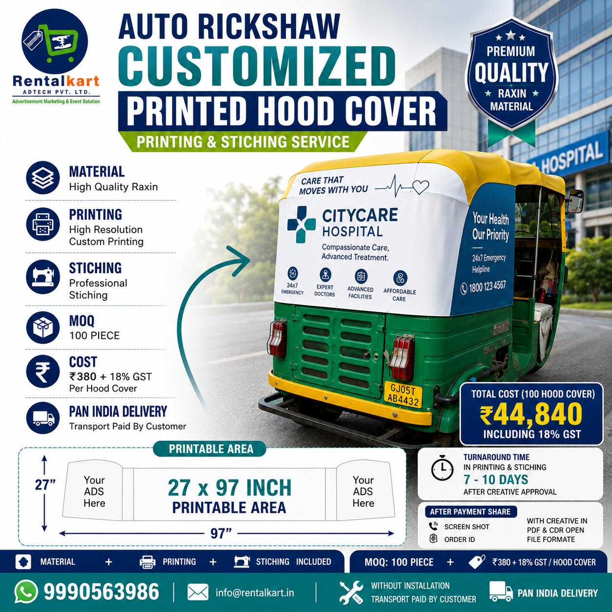 Auto Rickshaw Hood Cover Printing & Stitching Service (27×97 Inch) | Raxin 50–60 GSM | MOQ 100 Pcs | PAN India