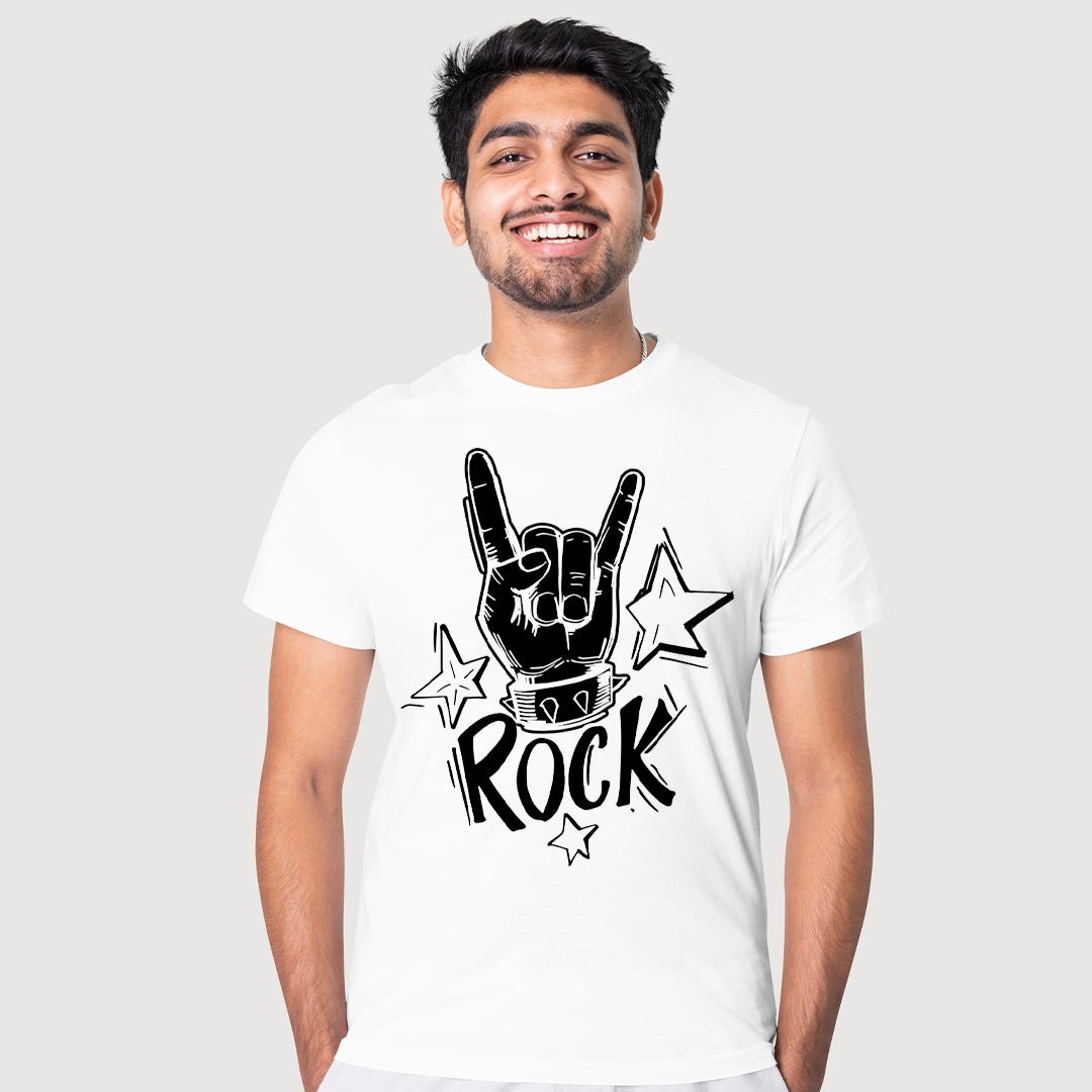Rock Hand Sign T-Shirt for Men | Rock Music Graphic Tee | Cool Attitude Streetwear T-Shirt India | Cotton Polyester A4 Print | Rentalkart - RENTALKART ADTECH PRIVATE LIMITED