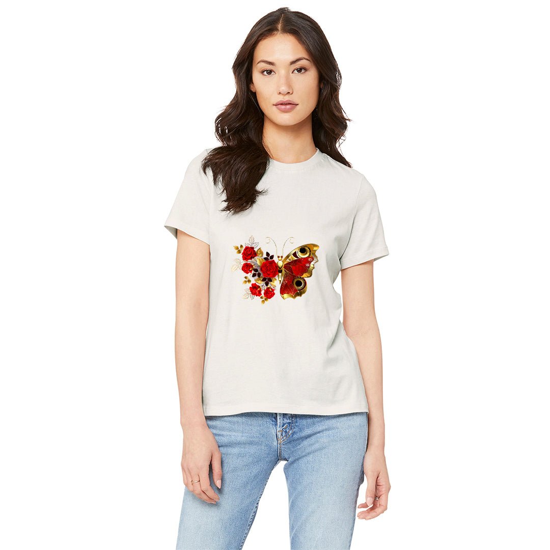 Rose Gold Butterfly Floral Printed Women’s T-Shirt | Premium Cotton +polyester|white - RENTALKART ADTECH PRIVATE LIMITED
