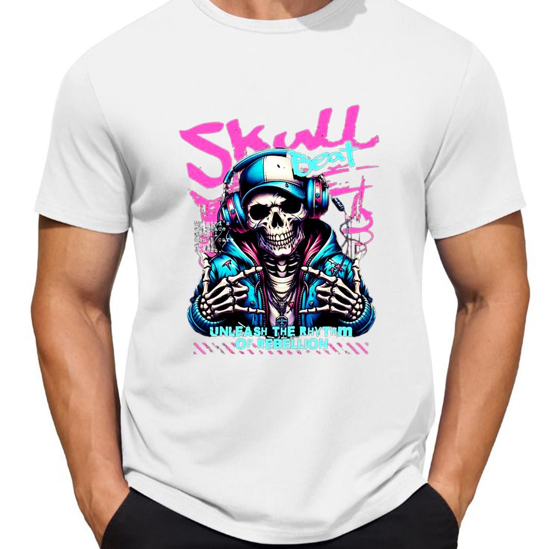 Skull Beat DJ T-Shirt for Men | Music Skull Graphic Tee | EDM Streetwear Attitude T-Shirt India | Cotton Polyester A4 Print | Rentalkart - RENTALKART ADTECH PRIVATE LIMITED
