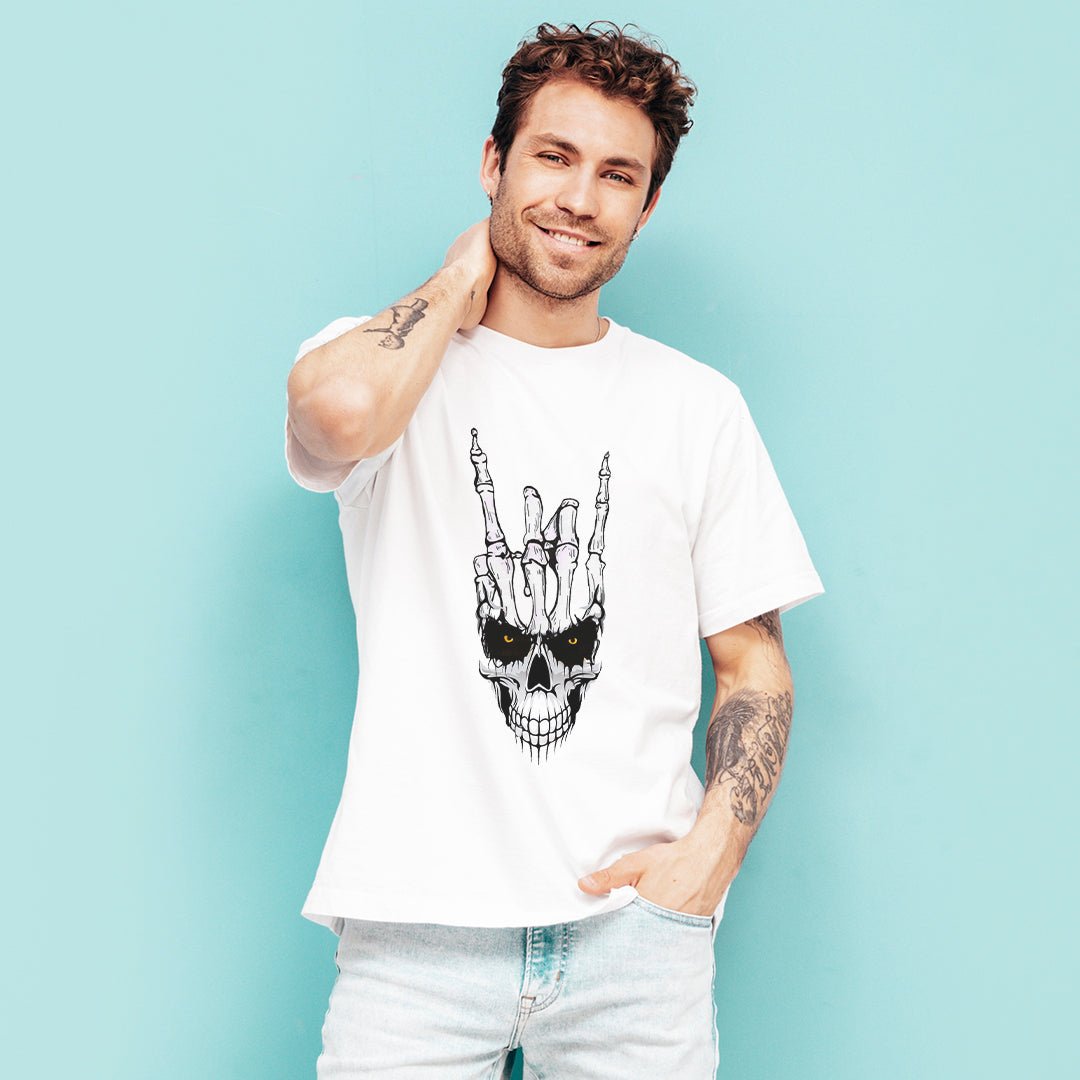 Skull Rock Hand T-Shirt for Men | Skeleton Hand Devil Sign Graphic Tee | Rock Style Streetwear T-Shirt India | Cotton Polyester A4 Print | Rentalkart - RENTALKART ADTECH PRIVATE LIMITED