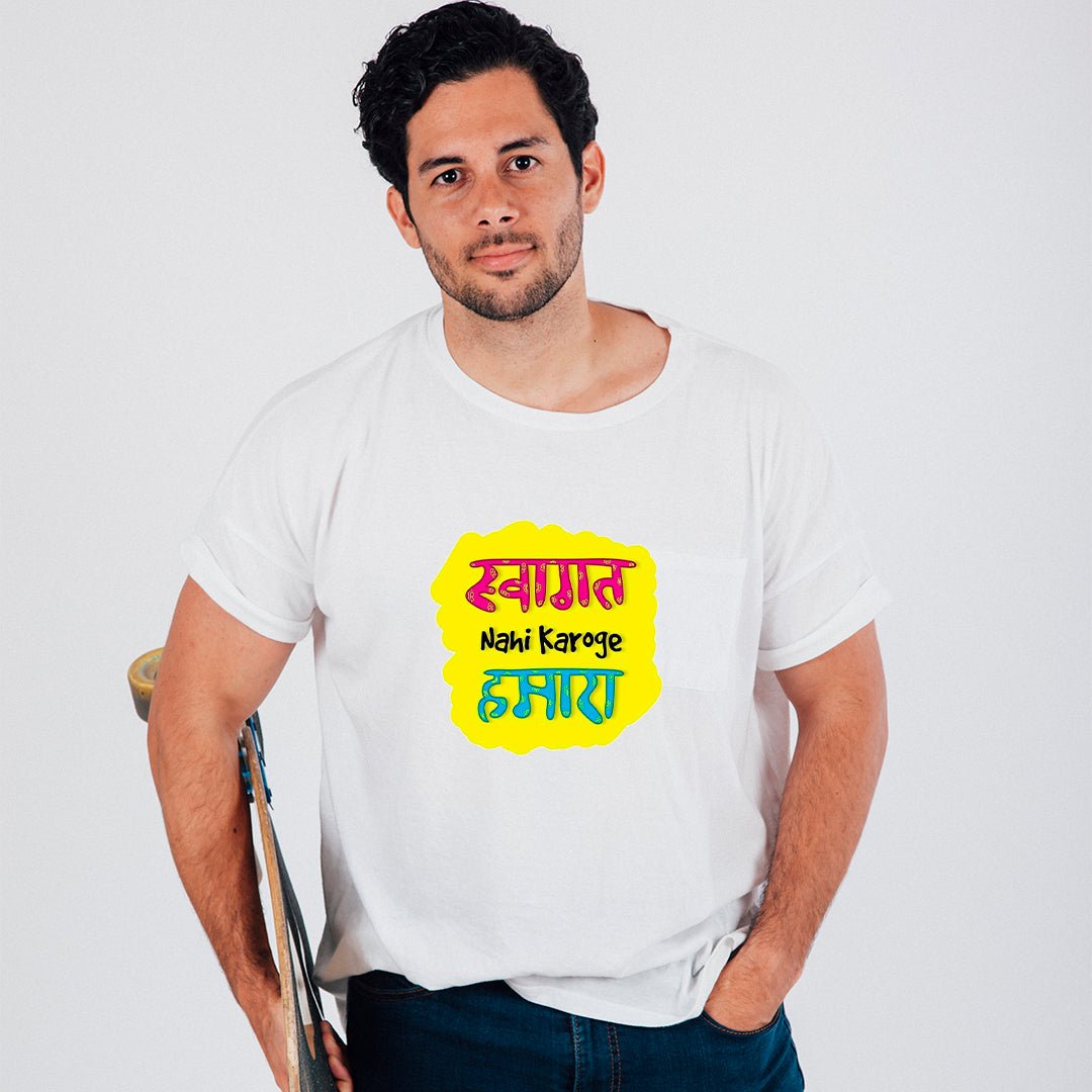 Swagat Nahi Karoge Hamara Graphic Printed T-Shirt for Men | Premium Cotton + Polyester | White - RENTALKART ADTECH PRIVATE LIMITED