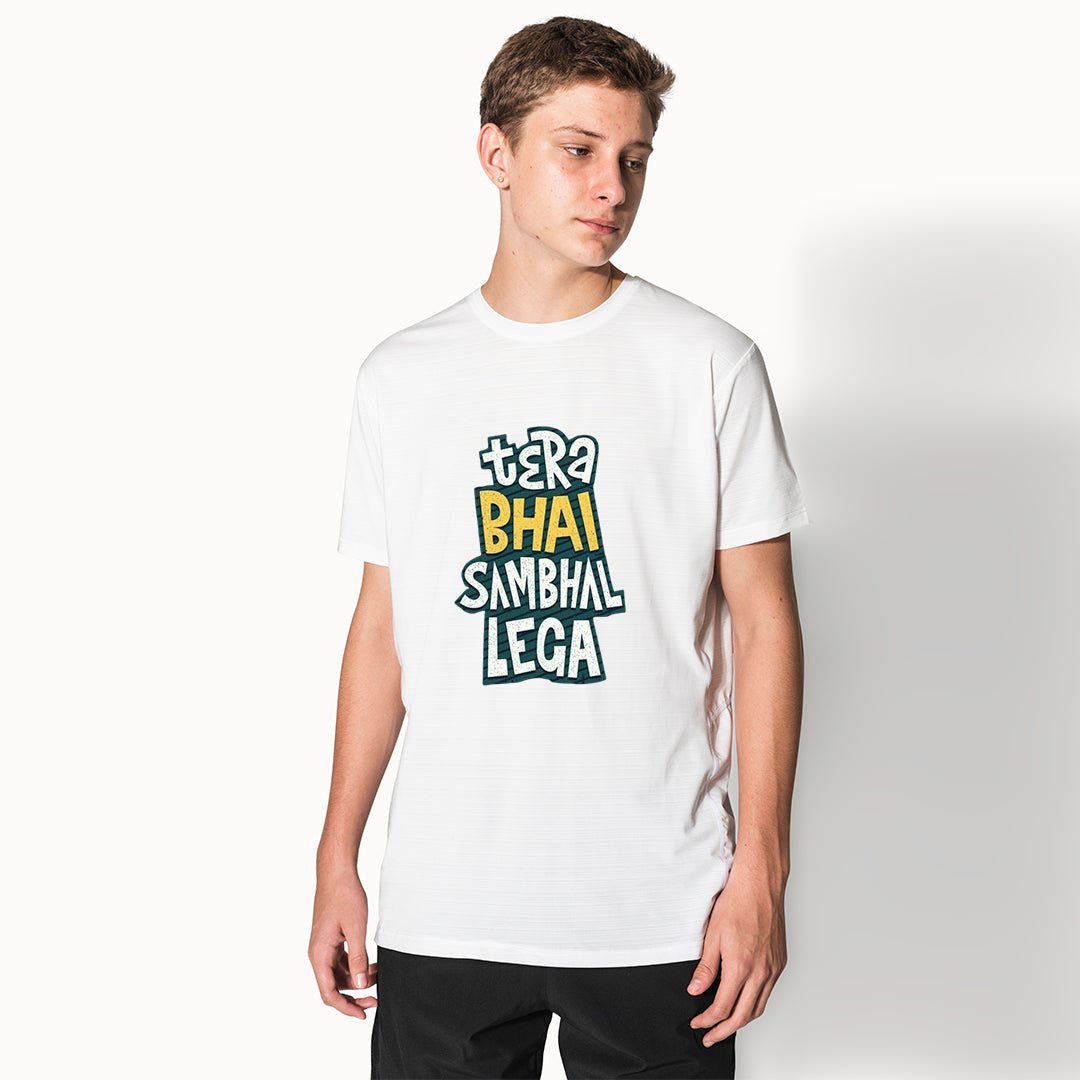 Tera Bhai Sambhal Lega Graphic Printed T-Shirt for Men | Premium Cotton + Polyester | White - RENTALKART ADTECH PRIVATE LIMITED