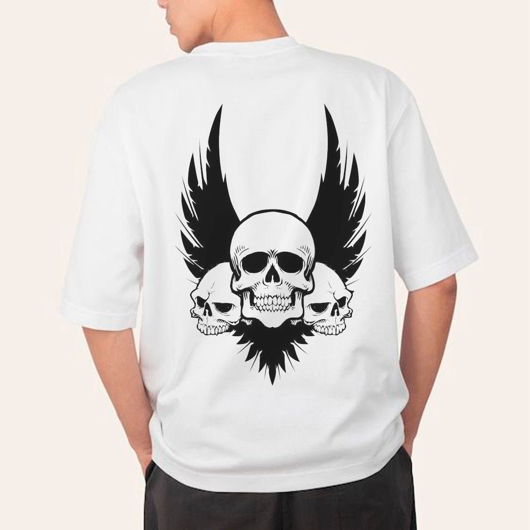 Winged Skull Back Print T-Shirt for Men | Triple Skull Graphic Tee | Biker Streetwear Oversized T-Shirt India | Cotton Polyester A4 Print | Rentalkart - RENTALKART ADTECH PRIVATE LIMITED